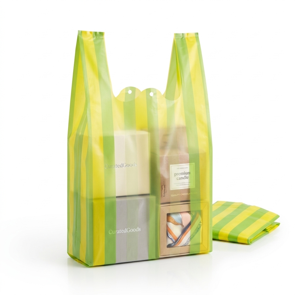 Yellow and Lime Striped High Density T-Shirt Plastic Bag