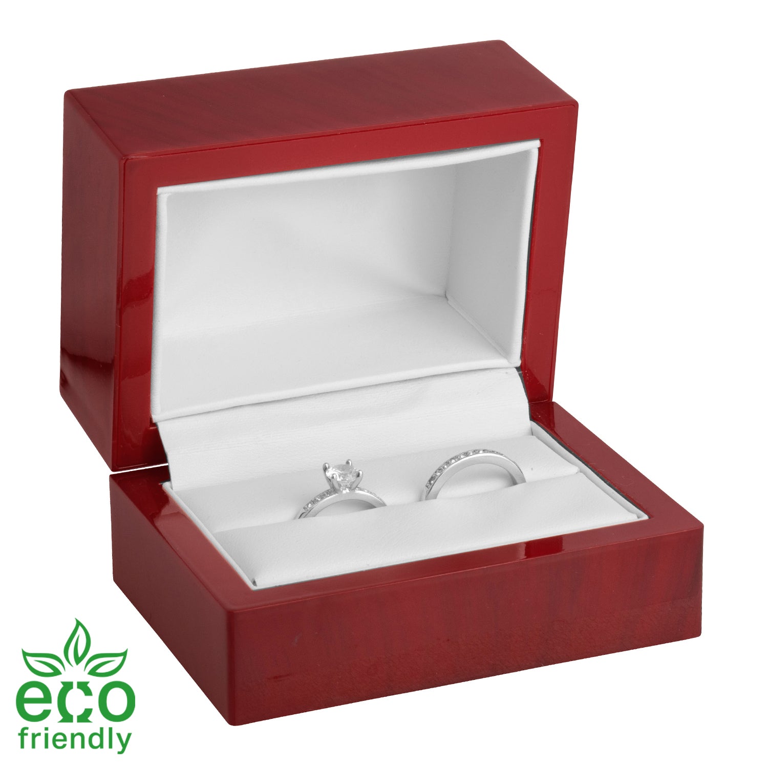 Eco-Friendly Rosewood Look Double Ring Box with White Leatherette Interior