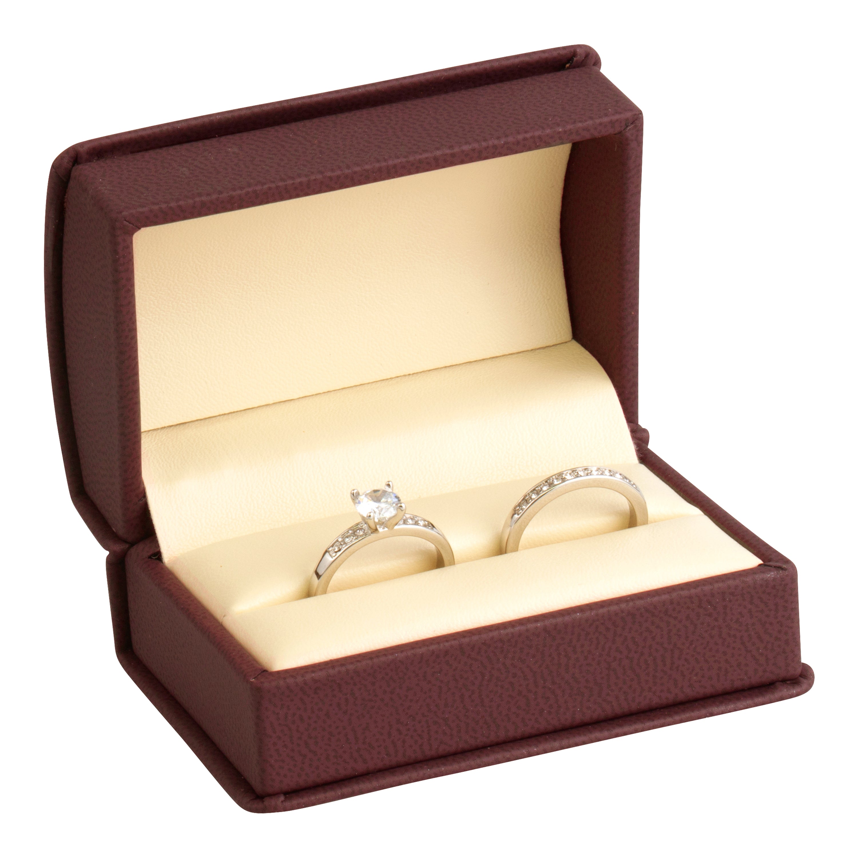 Leatherette Double Ring Box Leatherette Interior with Matching Ribboned Packer