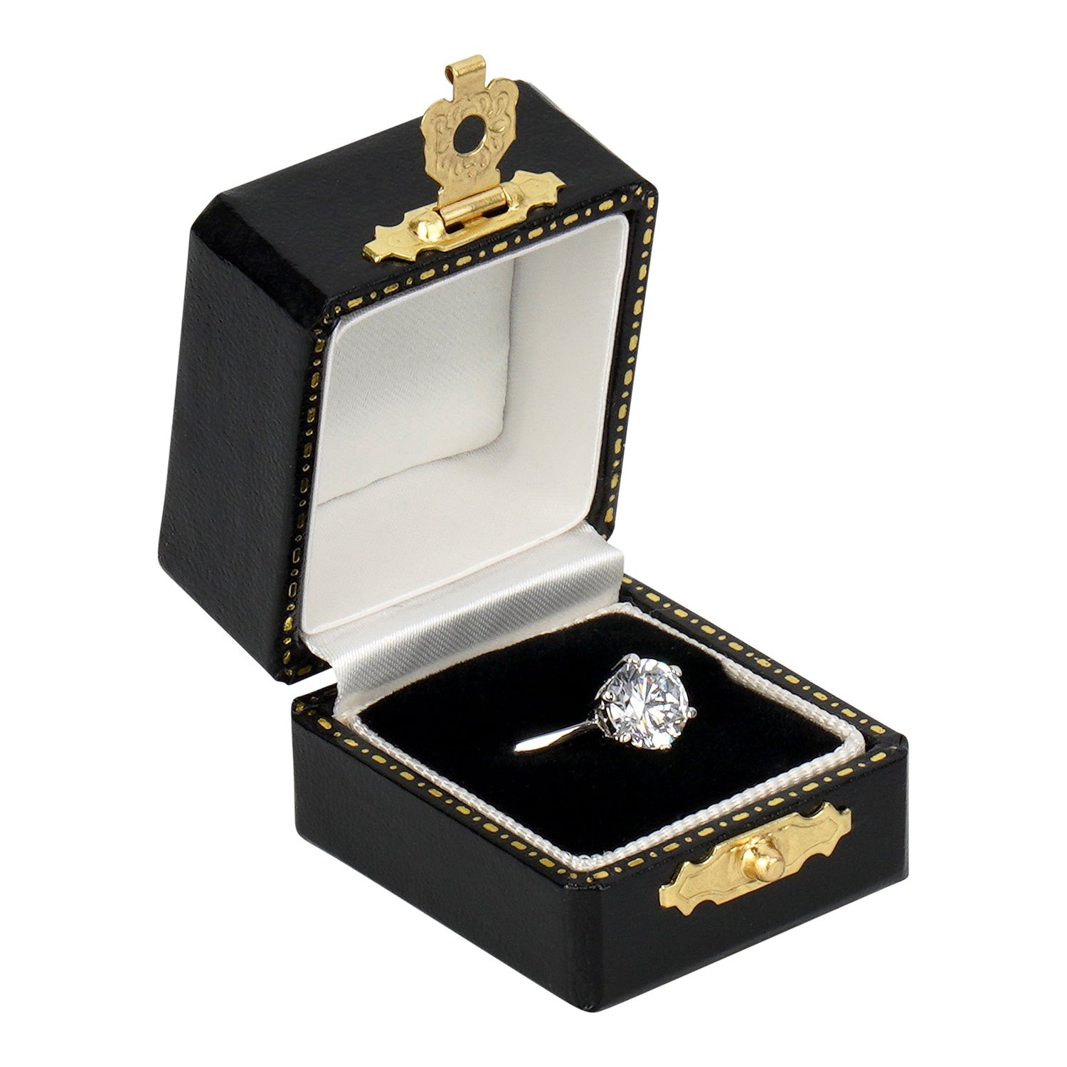 Antique Look Leatherette Single Ring Box with Satin Inner Lid