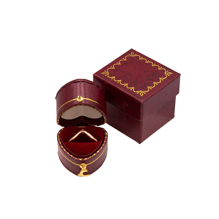 Eco-Friendly Leatherette Paper-Covered Heart-Shaped Plastic Single Ring Box with Gold Detailing