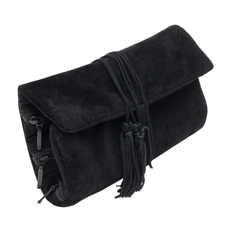 Black Suede Pouch with Multiple Zippered Compartments